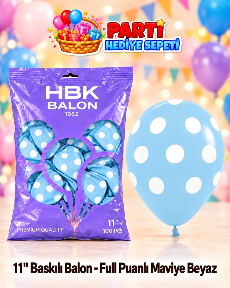 11" Baskılı Balon - Full Puanlı Maviye Beyaz
