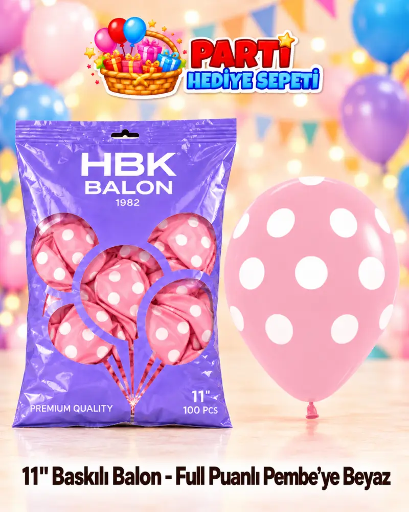 11" Baskılı Balon - Full Puanlı Pembeye Beyaz