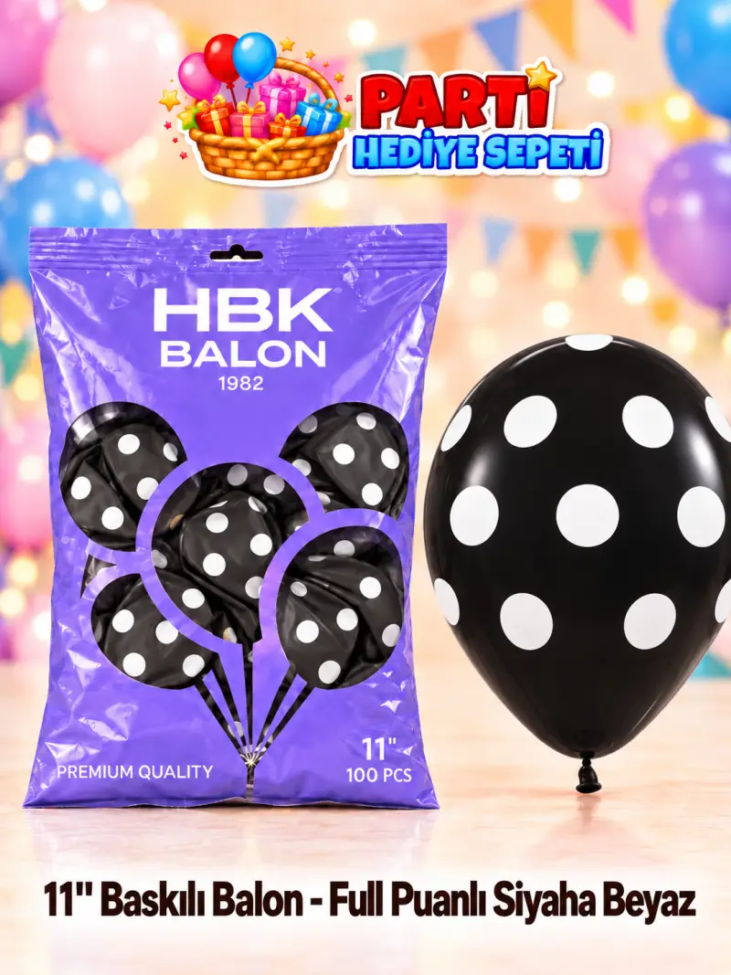 11" Baskılı Balon - Full Puanlı Siyaha Beyaz