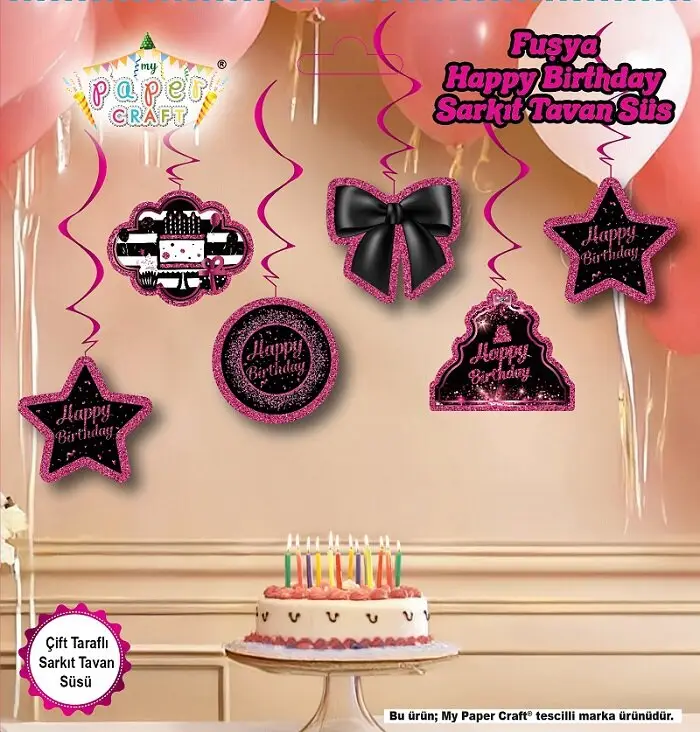 6'LI TAVAN SÜS FUŞYA HAPPY BIRTHDAY toptan parti malzemesi