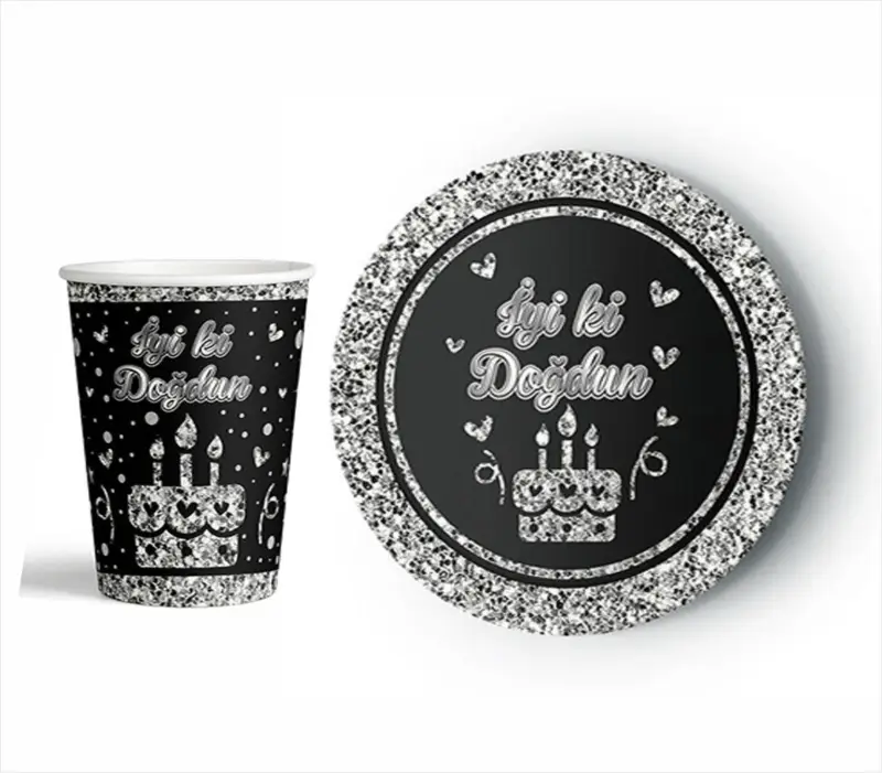 8'Lİ KARTON TABAK BARDAK SİLVER İYİ Kİ DOĞDUN - Toptan Parti Malzemesi