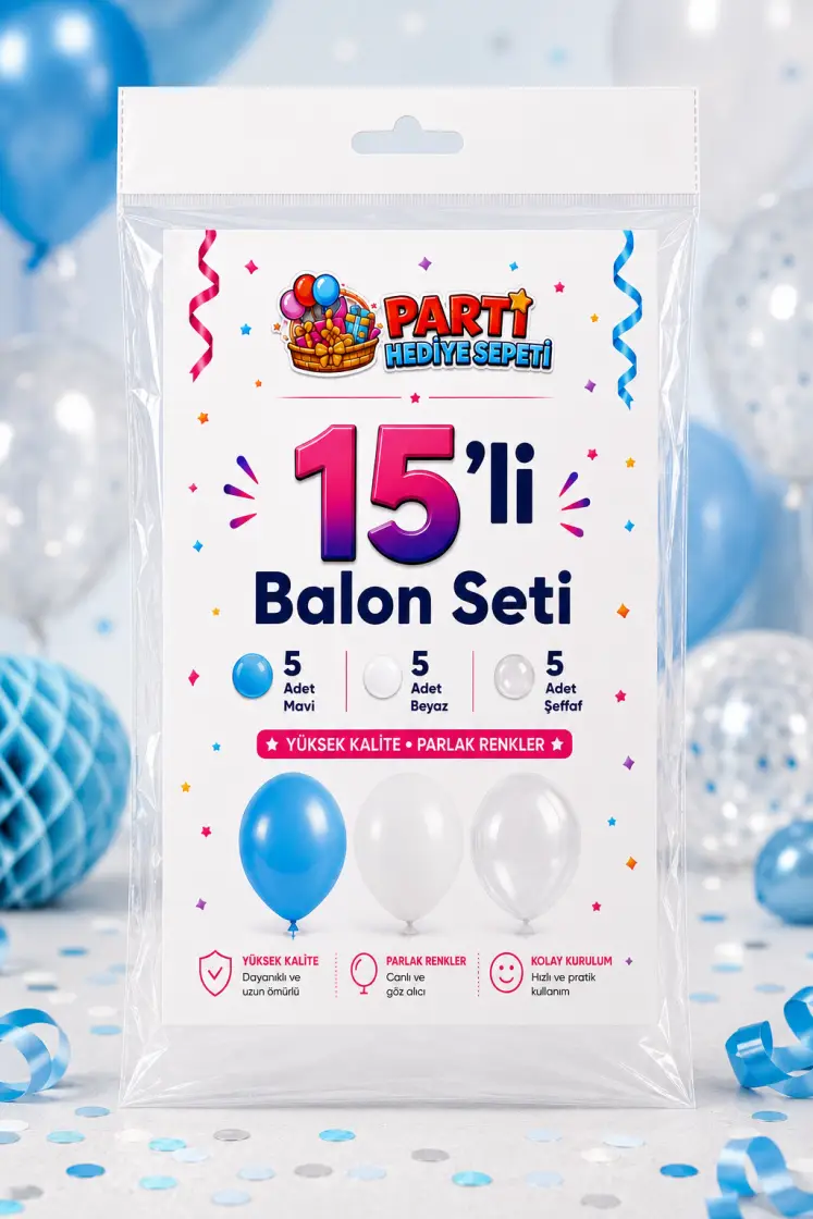 Mavi Beyaz Şeffaf Balon Seti (15 Adet) - Toptan Parti Malzemesi