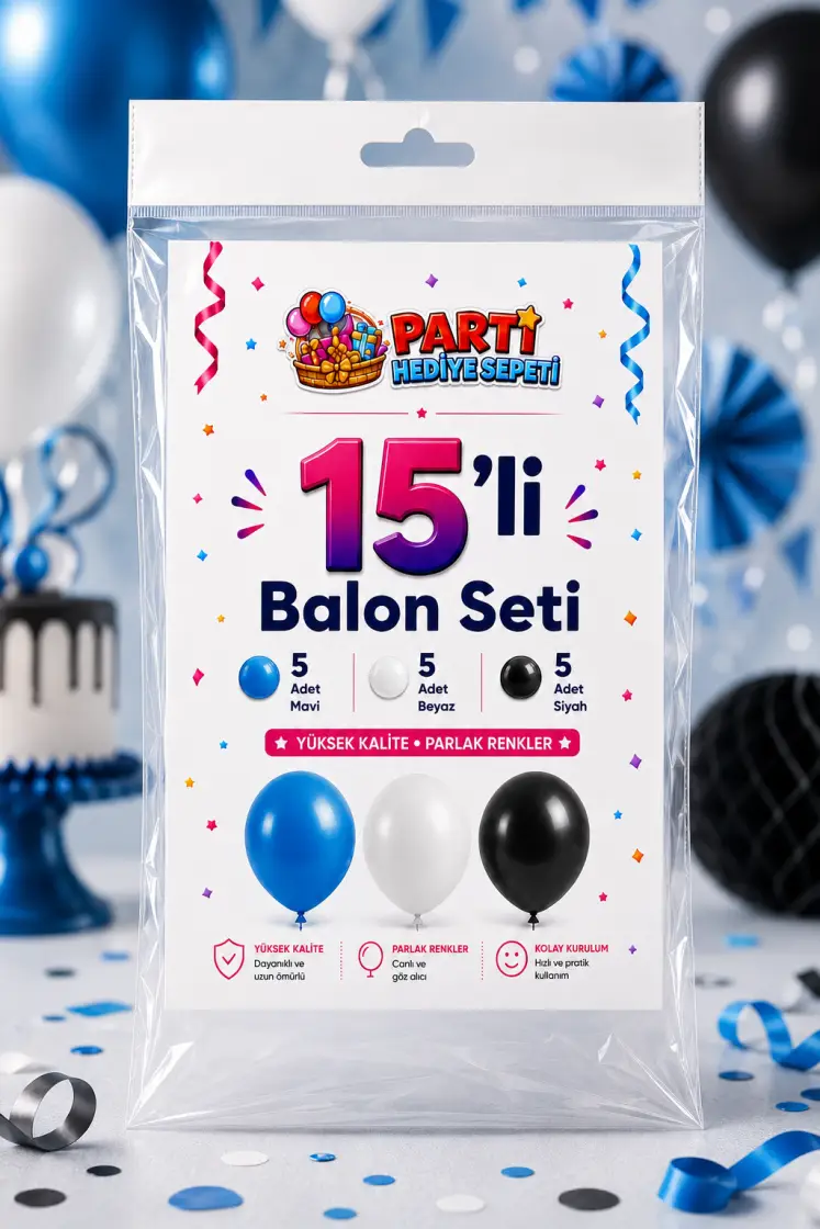 Mavi Beyaz Siyah Balon Seti (15 Adet) - Toptan Parti Malzemesi