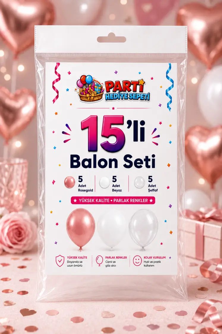 RoseGold Beyaz Şeffaf Balon Seti (15 Adet) - Toptan Parti Malzemesi