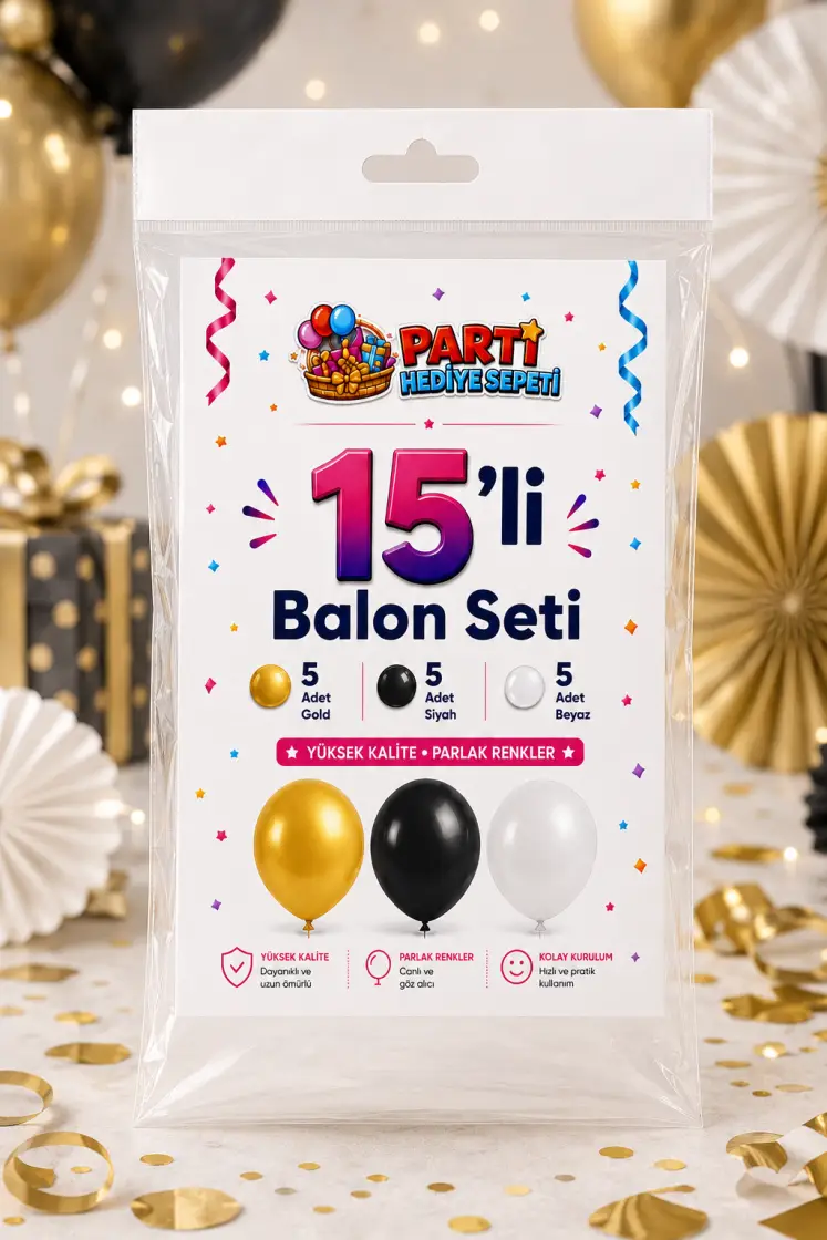 Gold Siyah Beyaz Balon Seti (15 Adet) - Toptan Parti Malzemesi