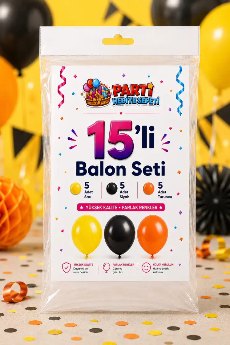 Sarı Siyah Turuncu Balon Seti (15 Adet) - Toptan Parti Malzemesi