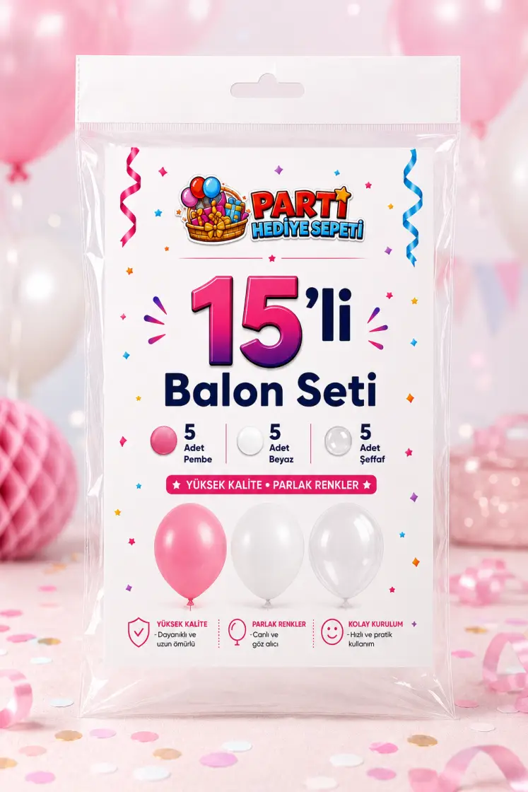 Pembe Beyaz Şeffaf Balon Seti (15 Adet) - Toptan Parti Malzemesi