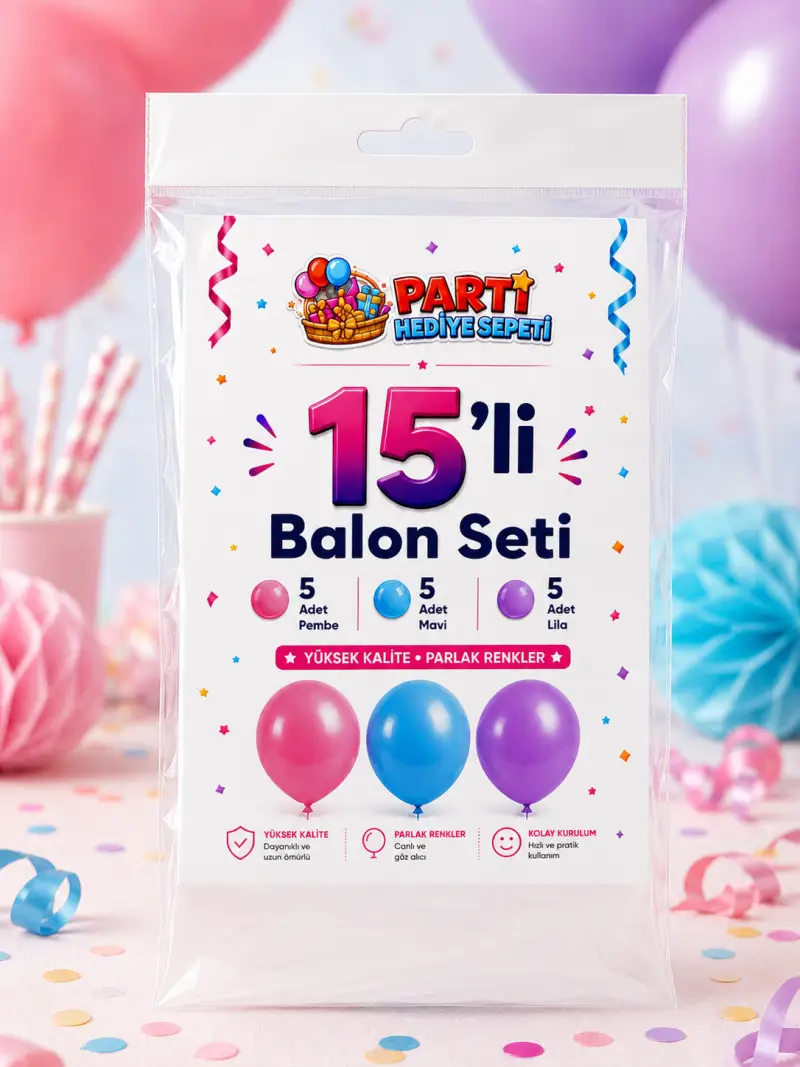Pembe Mavi Lila Balon Seti (15 Adet) - Toptan Parti Malzemesi