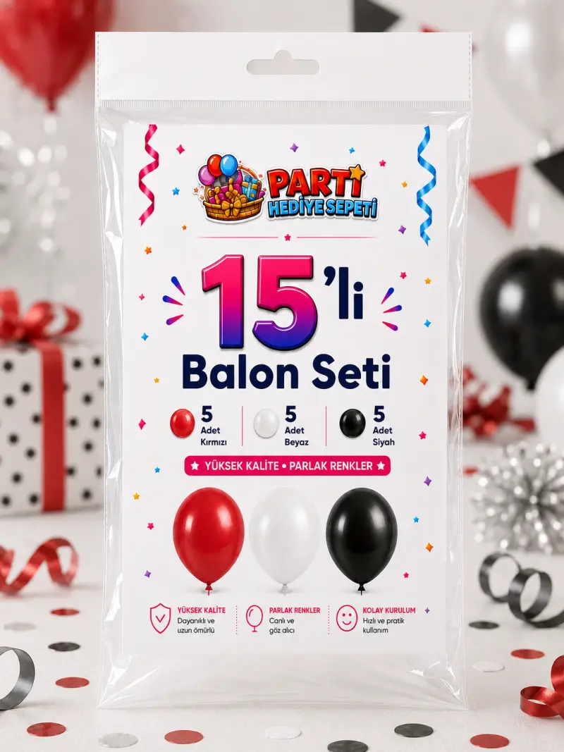 Kırmızı Beyaz Siyah Balon Seti (15 Adet) - Toptan Parti Malzemesi