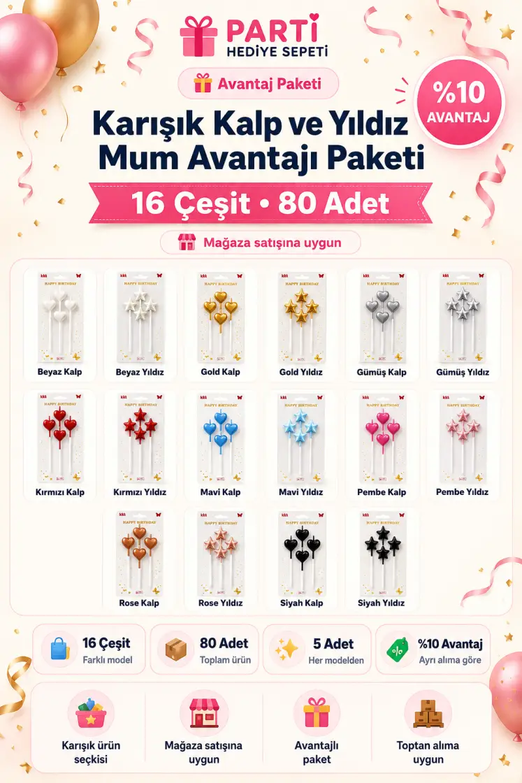Karışık Kalp ve Yıldız Mum Avantaj Paketi toptan parti malzemesi