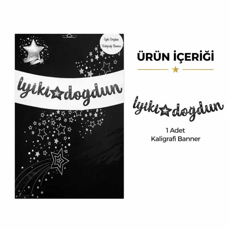 İyi Ki Doğdun Yıldızlı Kaligrafi Banner Siyah/Beyaz - Toptan Parti Malzemesi