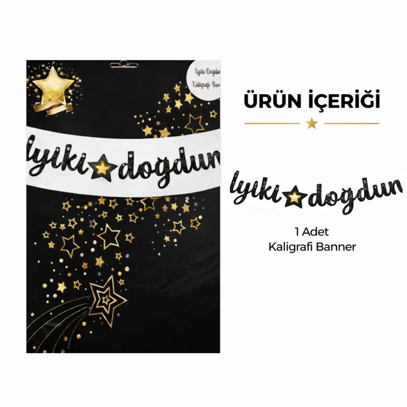 İyi Ki Doğdun Yıldızlı Kaligrafi Banner Siyah/Gold - Toptan Parti Malzemesi